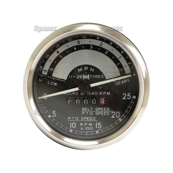 A close-up of a Sparex Tachometer (KPH) | Sparex Part No.S.58797, showcasing detailed markings for low/high gears and RPM. It features a silver rim and glass cover, reminiscent of classic International Harvester dials.