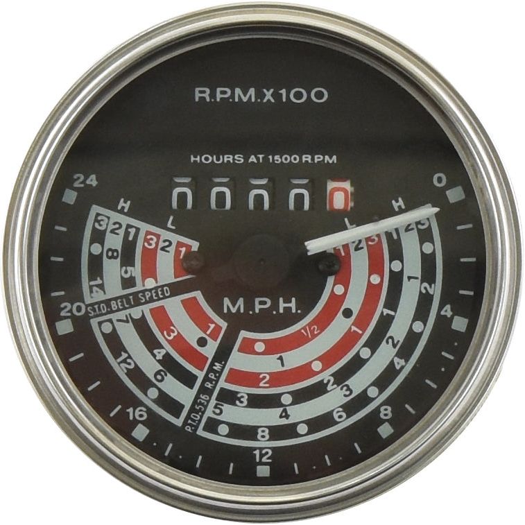 Close-up of a Sparex Tachometer (MPH), Sparex Part No. S.41069, from a Massey Ferguson 135, displaying RPM x100, MPH, and hours at 1500 RPM. The gauge features a black face with white, red, and black markings, and a white needle pointing at 10.