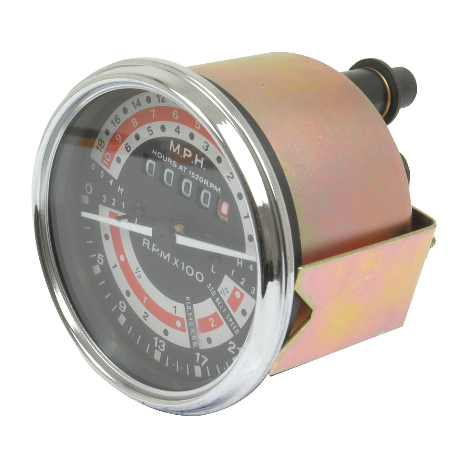 The Sparex Tractormeter (MPH) | Sparex Part No. S.41073 is an analog tachometer displaying both RPM and MPH measurements, housed in a durable metal casing with a clear glass cover, featuring a black face with red and white markings, ideal for Massey Ferguson 135 US BUILT models.