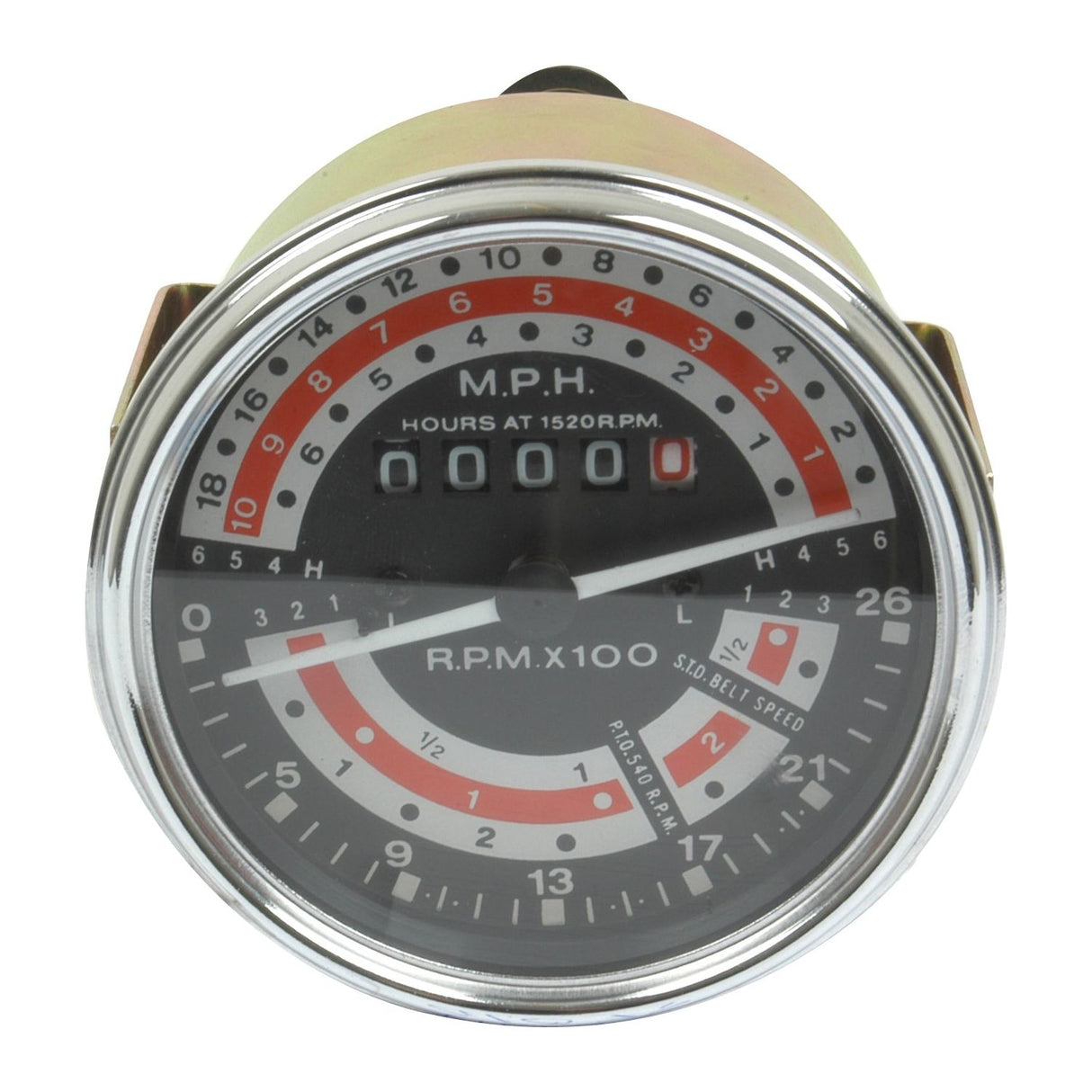 A round analog gauge, the Tractormeter (MPH) from Sparex (Part No. S.41073), on the Massey Ferguson 135 US BUILT tractor displays RPM, MPH, and hours at 1520 RPM. It features multiple scales and indicators, including a red arc from 800 to 1700 RPM and a black arrow pointing at 600 RPM.