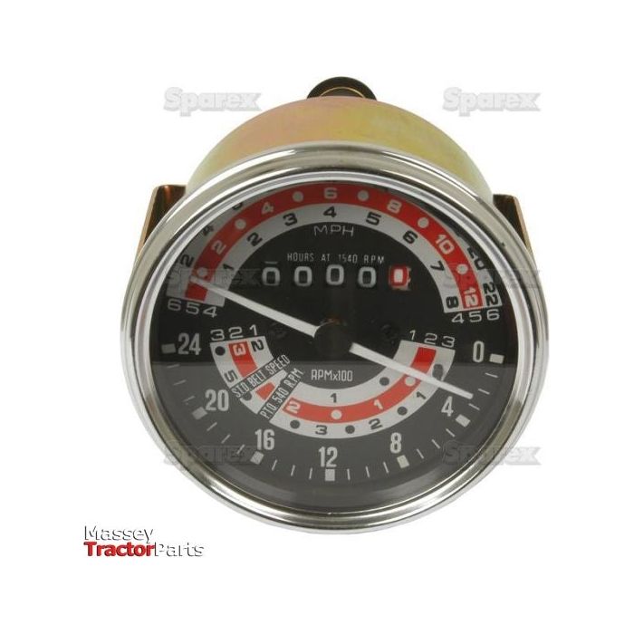 Close-up of a Massey Ferguson tractor tachometer with a black dial, showing RPM and speed in MPH, and an hour counter reading "0000." The Sparex logo is visible alongside the Massey Tractor Parts logo. The Tachometer (MPH) with Sparex Part No. S.41075 ensures precise measurement for optimal performance.