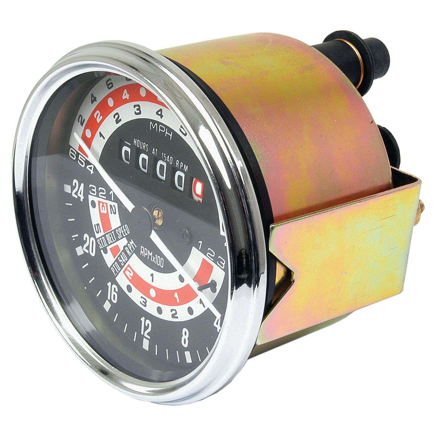 A detailed look at the Sparex Tachometer (MPH) | Sparex Part No.S.41075 reveals its vintage mechanical design, featuring a black face marked in RPM and hours, all encased in a metallic housing. It also has a mounting bracket on the side, specifically designed to fit Massey Ferguson models.