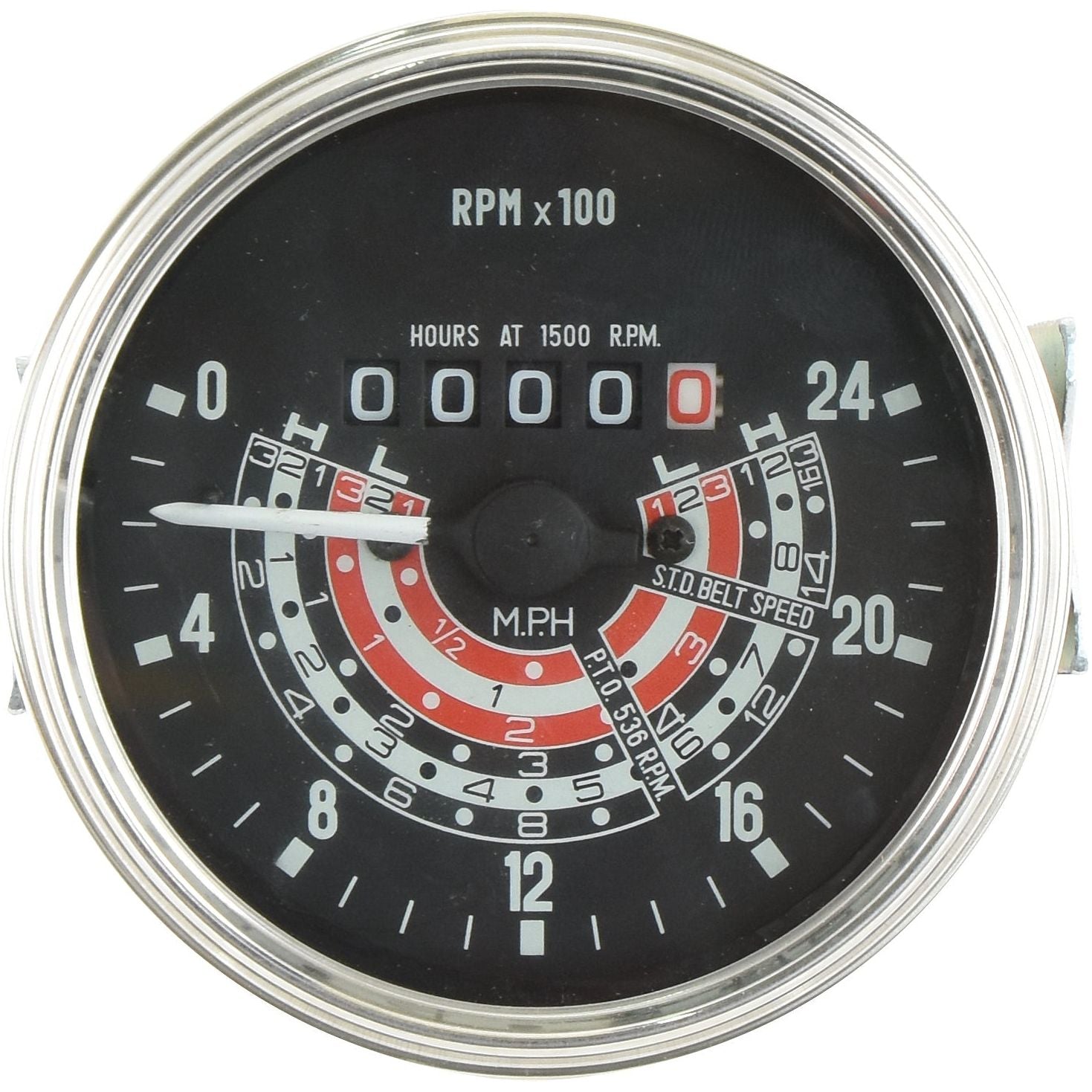 The Sparex Tractormeter (MPH) | Sparex Part No.S.41076 is a circular gauge with a black face and RPM x 100, featuring numbers around the edges and a central digital display showing zeros. Perfect for tractors such as Landini or Massey Ferguson, this elegant tractormeter ensures precision and reliability in your agricultural equipment.