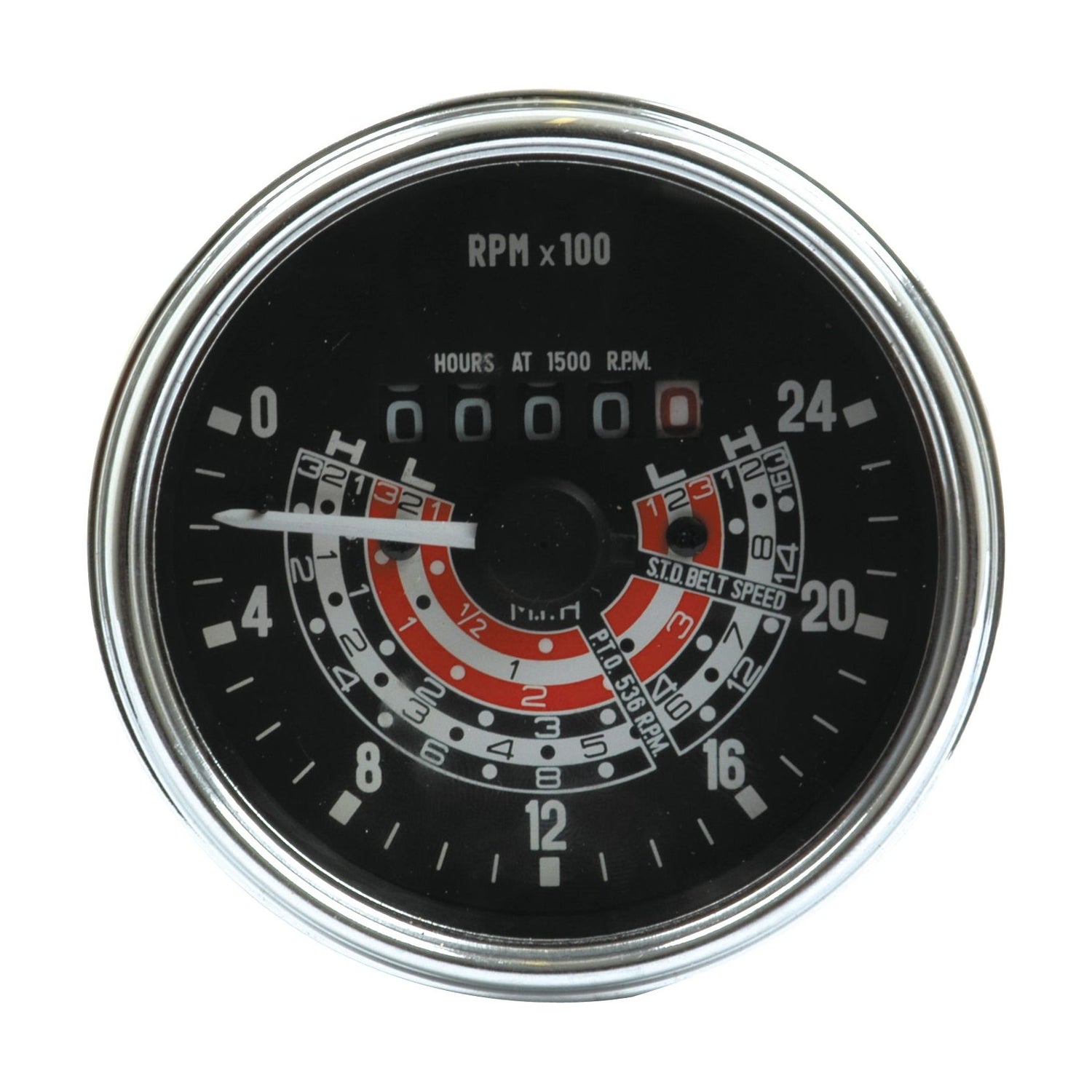 The Sparex Tractormeter (MPH), part number S.41076, is a vintage analog device featuring multiple measurement scales such as RPM x 100, hours at RPM, and two concentric circular scales in red, white, and black. It's perfect for classic Massey Ferguson or Landini tractors.