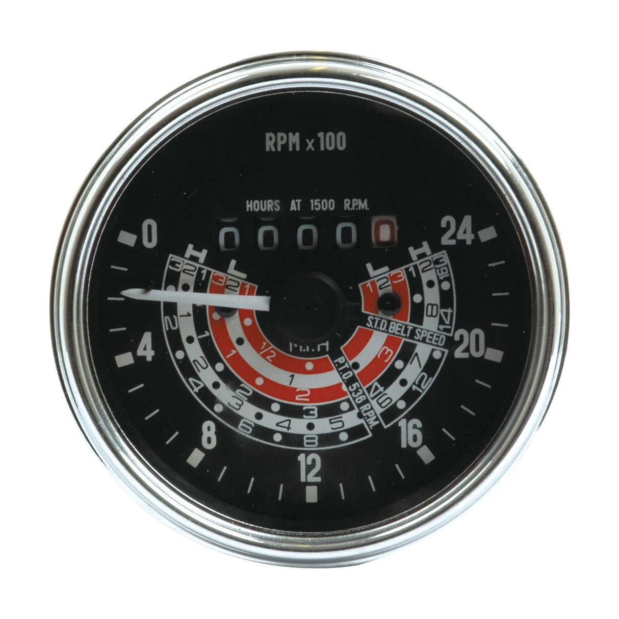 Close-up of a Tractormeter (MPH) gauge, Sparex Part No. S.41076, featuring a black face with white and red markings indicating RPM x100 and zones for engine hours at various RPMs. Suitable for Landini or Massey Ferguson tractors by Sparex.