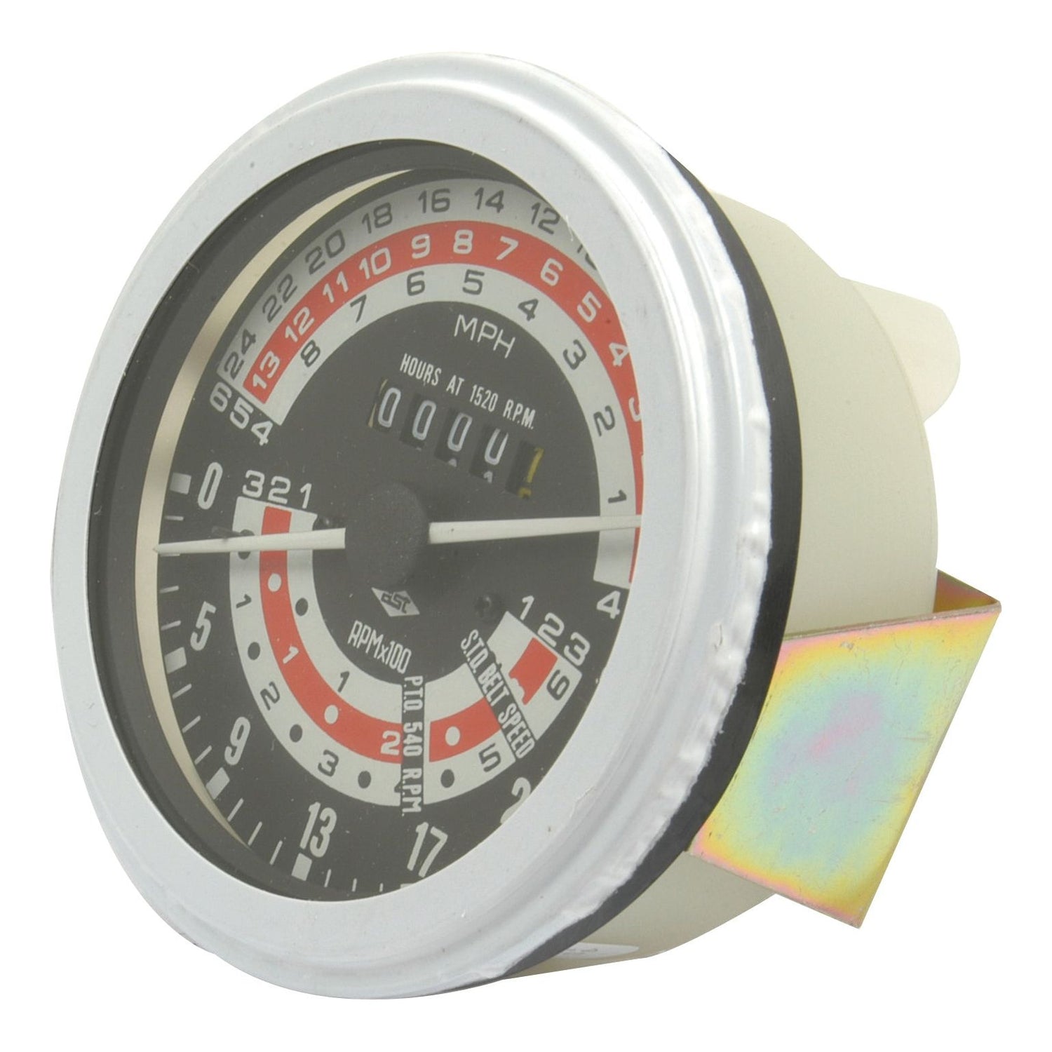 A close-up view of the Tractormeter (MPH), branded by Sparex as Part No. S.41085, reveals a circular mechanical gauge featuring multiple scales and an odometer reading "00001". The outermost scale, marked in black and red, measures miles per hour (MPH) from 0 to 17. This intricate component is essential for Massey Ferguson 135 tractor parts, ensuring precise measurements while in use.