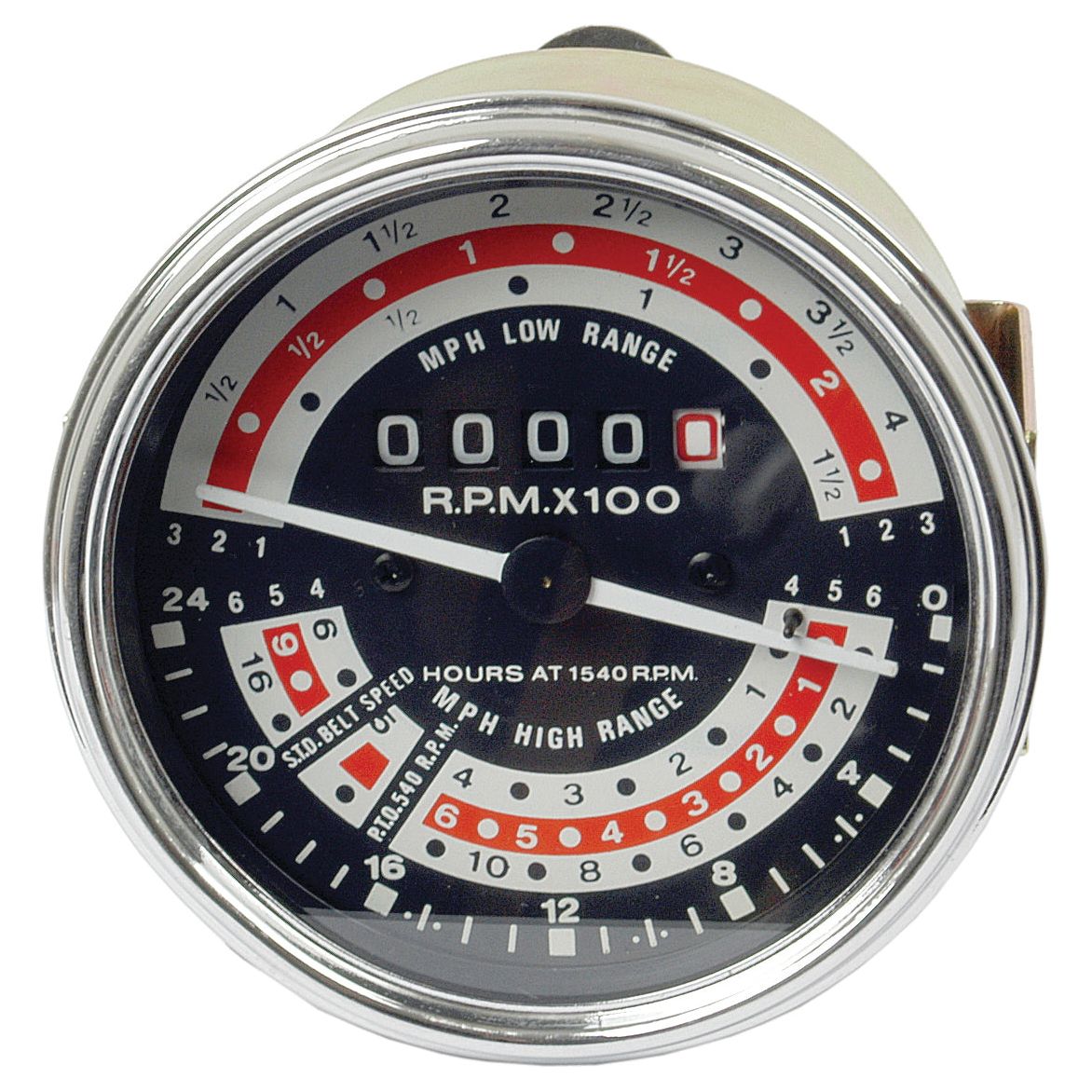 Close-up of a vintage Tractormeter (MPH) by Sparex, Part No. S.41086, possibly from a classic Massey Ferguson tractor. The gauge features a black faceplate with white and red markings, encased in glass. It displays 0-25 RPM in increments and includes additional markings for low and high range speeds.