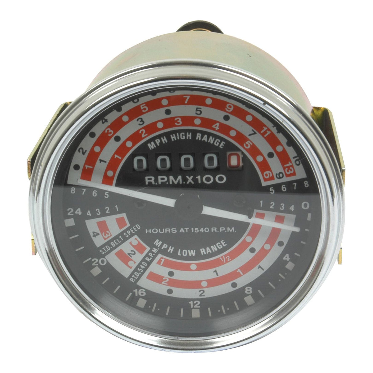 The Tractormeter (MPH) by Sparex, Part No. S.41087, is a vintage mechanical tachometer with black and red dials displaying RPM x 100, featuring sections for high and low range speeds. Ideal for Massey Ferguson tractors with a Tacho drive from Sparex.