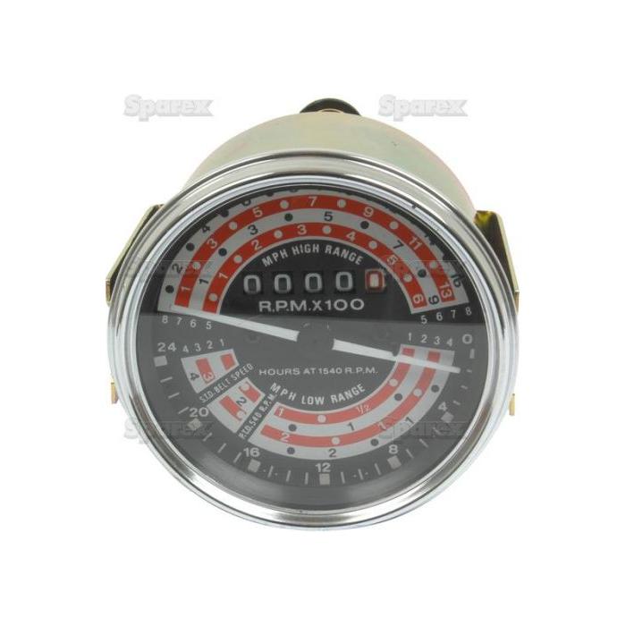 The Tractormeter (MPH) by Sparex, Sparex Part No. S.41087, is a round tachometer gauge that features black, red, and white markings to display RPM measurements, MPH high range, and hours at 1540 RPM for Massey Ferguson machines.