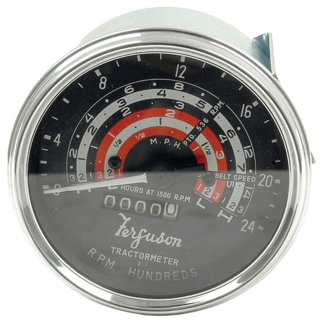 Close-up of a Sparex Tachometer (MPH) with Part No. S.42976, displaying RPM and belt speed measurements, featuring a maximum reading of 2500 RPM. The dials indicate hours used at different RPM levels, making it perfect for monitoring your Massey Ferguson diesel engine’s performance via its precise tacho drive.