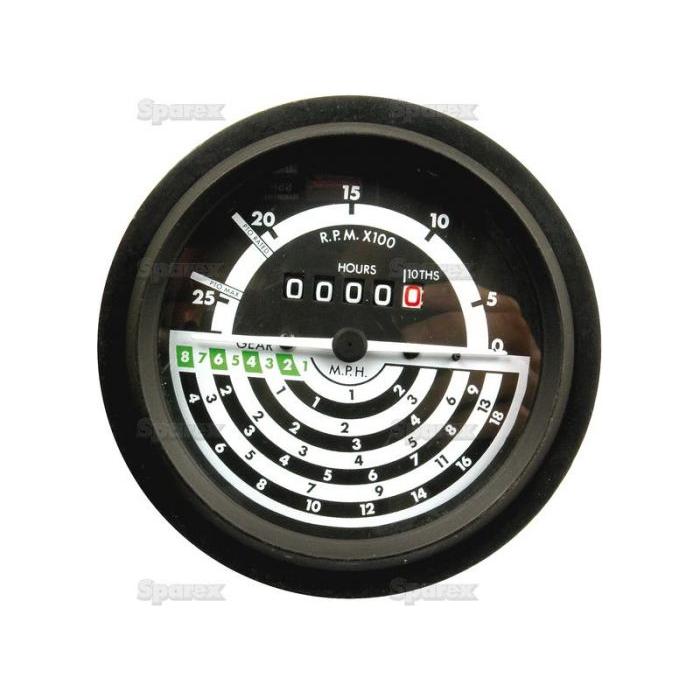 Close-up of a Sparex S.61857 Tachometer (MPH) featuring a Ø115mm gauge displaying RPM, hours, and speed information with clear scale markings and needle indicators.