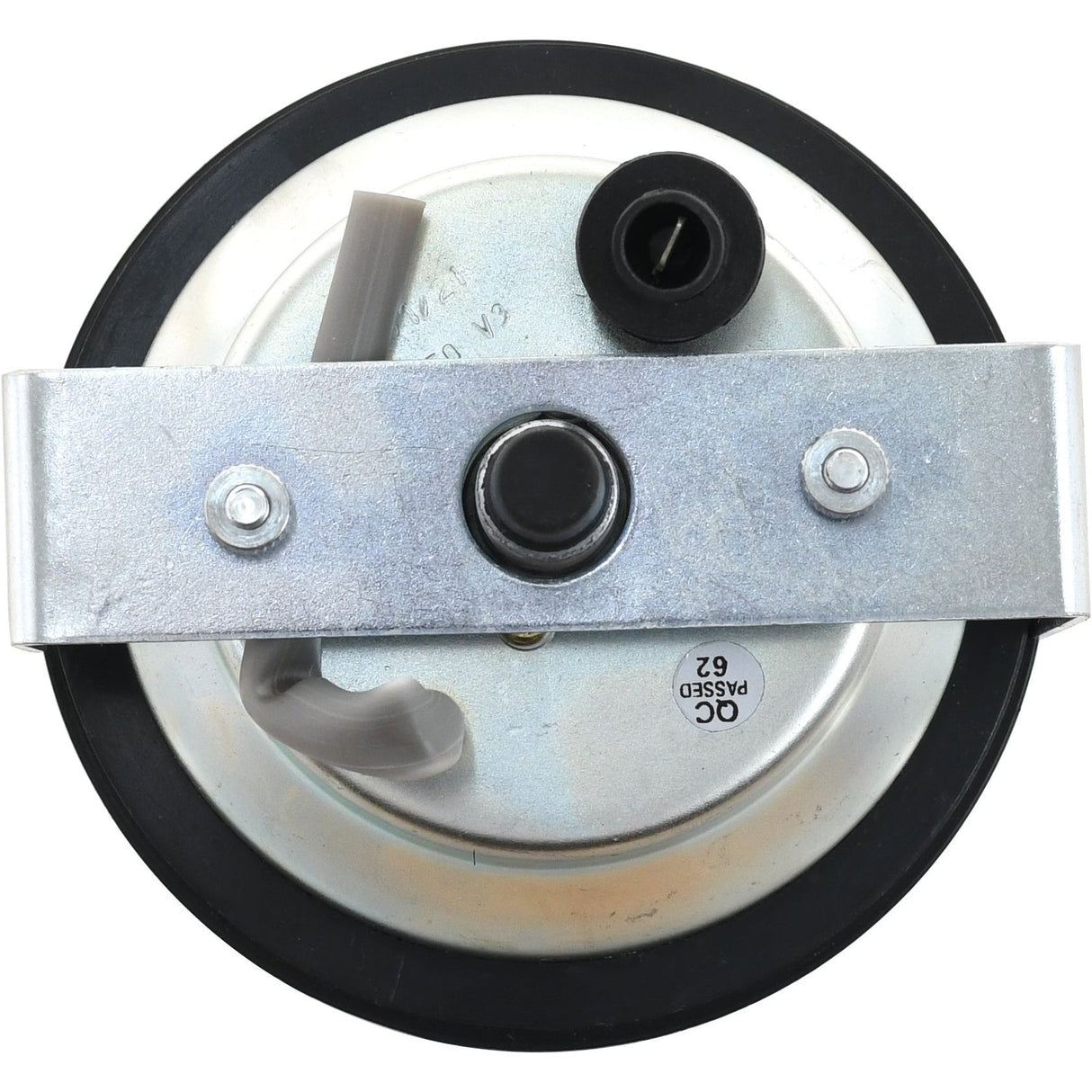 A Sparex Tachometer (MPH), identified by its Sparex Part No. S.61857, features a round metal design with a central black button, a metallic bracket spanning its diameter, and a rubber edge. Markings on the Ø115mm device include "QC PASSED 6Z.