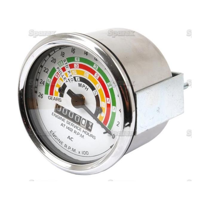 Close-up of the Tractormeter (MPH) from Sparex, featuring indicators for engine service hours, gears, engine RPM, and speed in MPH. Fitting diameter options: Ø74mm or Ø80mm. Compatible with Ford/New Holland models (Sparex Part No.S.66929).