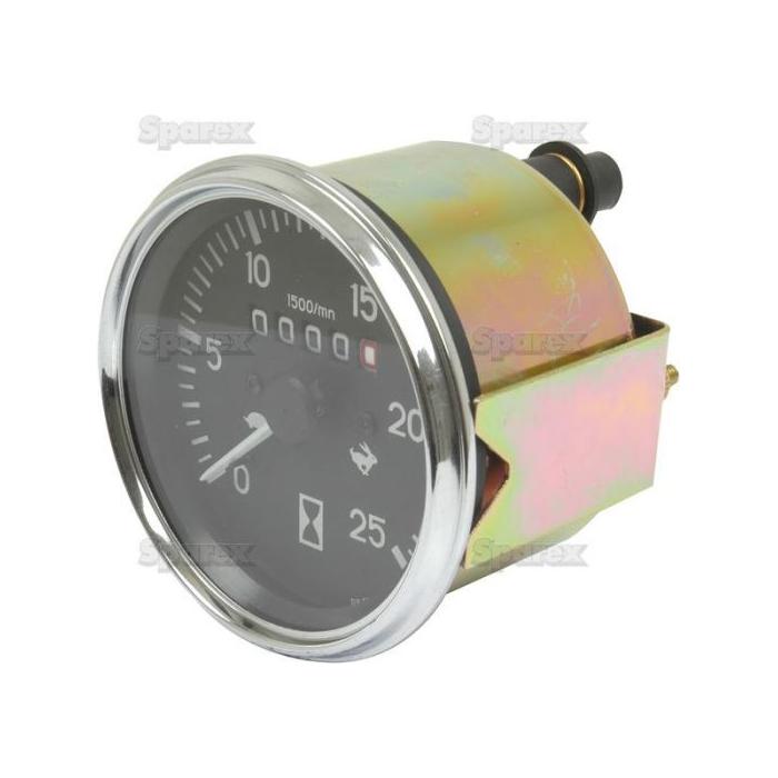 A close-up of the Sparex Tachometer (Part No. S.41077) with a round, black face displaying RPM readings up to 15 with clear numerical markers and an orange needle. The metallic casing, bearing the Sparex brand, features a protruding back equipped with connectors. This tachometer is ideal for vehicles such as Massey Ferguson 158 and Landini 5830.
