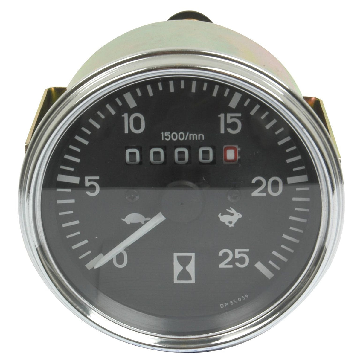 Front view of the circular Sparex Tachometer (Sparex Part No.S.41077) displaying 0 RPM with labeled increments up to 25. The center shows a series of zeros, and the bottom features icons depicting a turtle, rabbit, and an hourglass. Ideal for vintage tractors like the Massey Ferguson 158 or the Landini 5830.