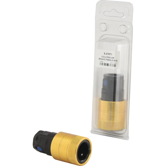 A brass-colored Sparex Trailer Air Brake Coupling Female (Service) M16 x 1.50mm component, identified as Sparex Part No. S.27871, is displayed both outside and inside a clear plastic packaging.