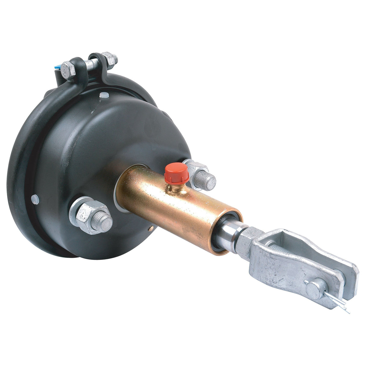 The Trailer Air/Hydraulic Brake Actuator - S.12716 by Sparex is a heavy-duty brake chamber with a metal clamp and mounting bracket, featuring a black round casing and a protruding arm with a red cap, utilizing hydraulic pressure for optimal performance.