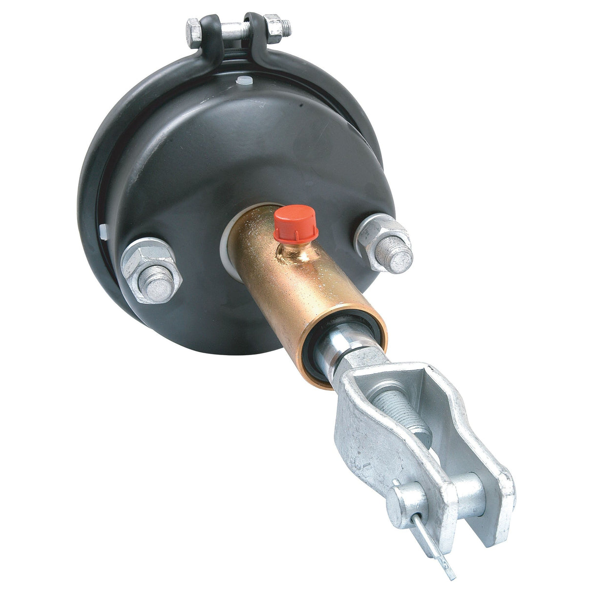 Introducing the Trailer Air/Hydraulic Brake Actuator - S.12716 by Sparex: a high-performance mechanical brake chamber with a metal clamp and rod assembly, designed with a black circular housing, an orange cap, and an advanced Air/Hydr Spring system for enhanced functionality.