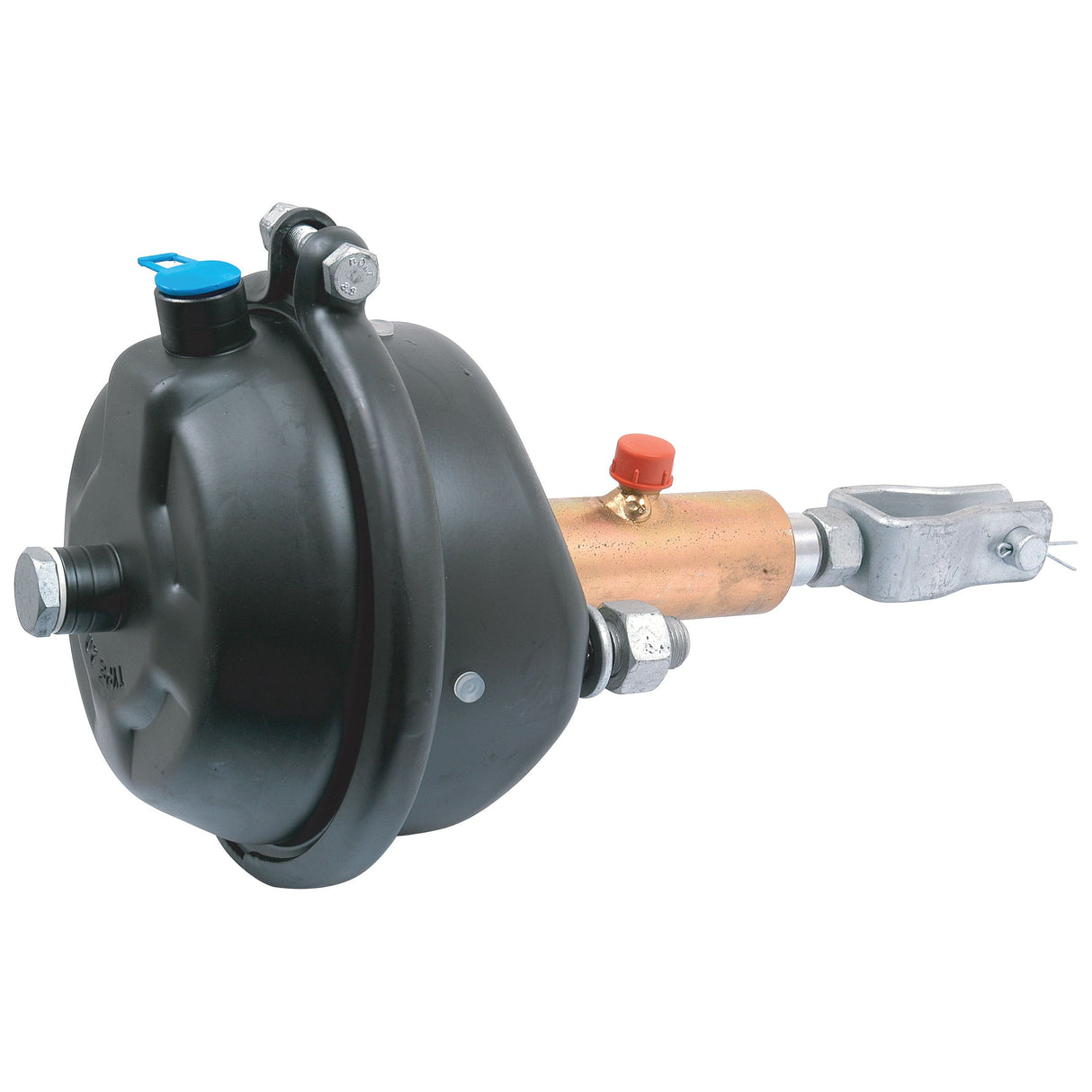 Image of the Trailer Air/Hydraulic Brake Actuator - S.12716 by Sparex, showcasing a black circular housing, copper components, and a metal clevis at the end. The Air/Hydr Spring mechanism ensures reliable operation under various conditions.