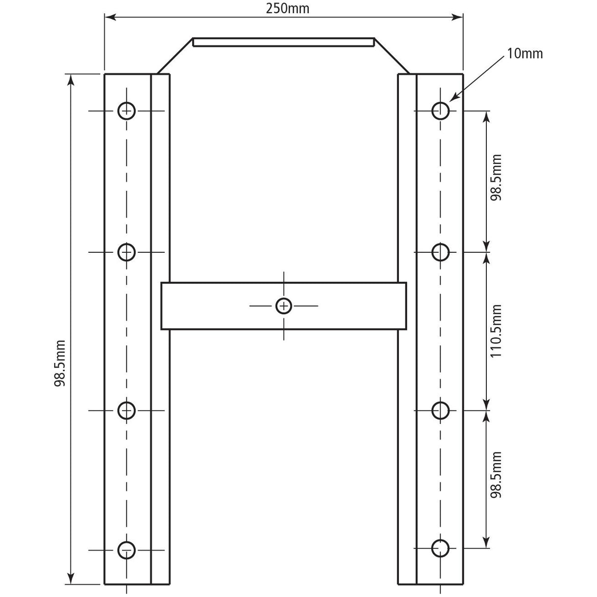 A technical drawing of a Trailer Grain Chute, Sparex Part No.S.77092, with several measurements, including a width of 250mm, height of 110.5mm, and multiple bolt holes. One side is labeled as 10mm thick. This Sparex component corresponds to the OEM part number for accurate replacements.