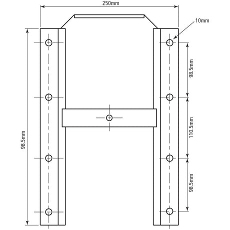 A technical drawing of a Trailer Grain Chute, Sparex Part No.S.77092, with several measurements, including a width of 250mm, height of 110.5mm, and multiple bolt holes. One side is labeled as 10mm thick. This Sparex component corresponds to the OEM part number for accurate replacements.
