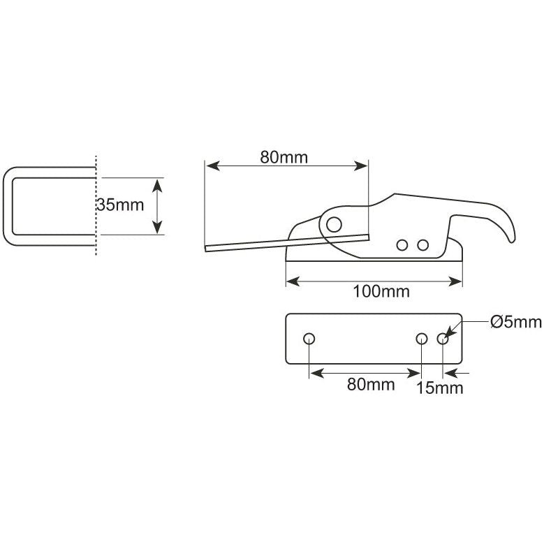Technical drawing of a Sparex Trailer Latch (Sparex Part No.S.5353) with measurements; top view and side view dimensions labeled as 100mm, 80mm, 35mm, 15mm, and 5mm.