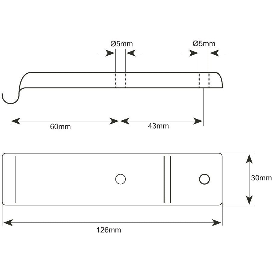 Technical drawing of a Sparex Trailer Latch Fixing Plate (Fits S.5352 & S.5353) with dimensions. The top view shows rounded and cut edges, a 60mm total length, and two 5mm diameter holes. The side view displays a height of 30mm and total length of 126mm—perfect for your Sparex needs (Part No.S.5354).