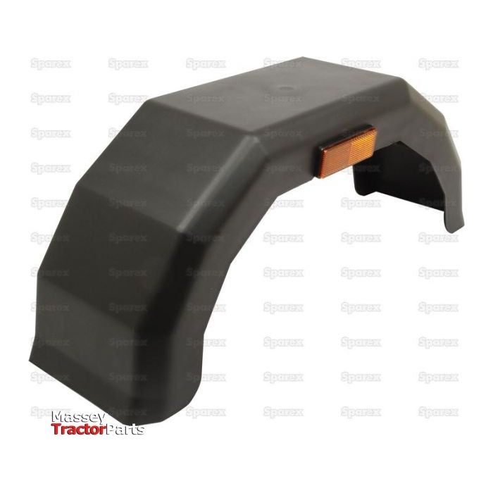 Black mudguard with a reflective strip, labeled "Sparex" and "Massey Tractor Parts," suitable for polythene models with tyre size 10", product name "Trailer Mudguard (Single) - S.20571.