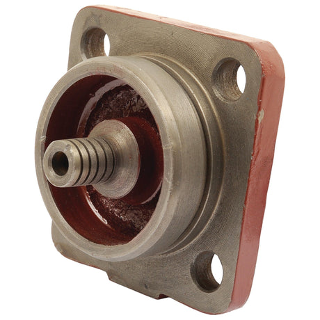 The Sparex Transfer Box Cover (Sparex Part No.S.68222) features a cylindrical protrusion mounted on a square base with four holes for attachment. It has a red coating inside the cavity, reflecting the robust designs commonly found in Ford New Holland equipment.