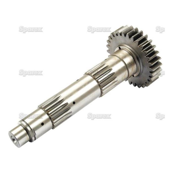 The product is a Transmission Countershaft - S.65344 from Sparex, which consists of a metal shaft featuring a spline and multiple gears of varying sizes for use in mechanical systems. The background features a white color with faint "Sparex" logos.