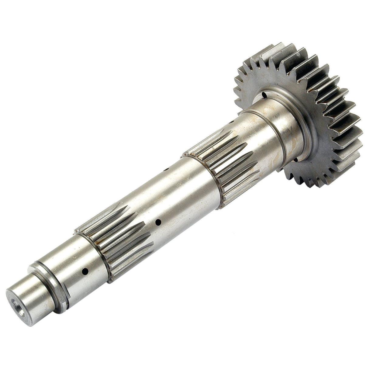 A Sparex Transmission Countershaft - S.65344 featuring a spline with 30 teeth at one end and a smooth cylindrical body with several grooves and holes.