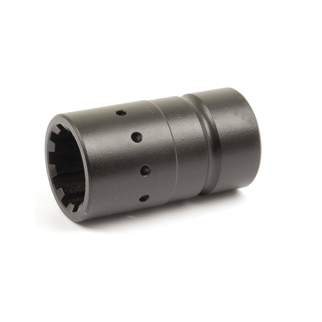 Sparex transmission coupling (part number S.40812) is a black cylindrical metal tool with holes and notches, designed for fitting a specific type of fastener often used in Massey Ferguson tractor parts.