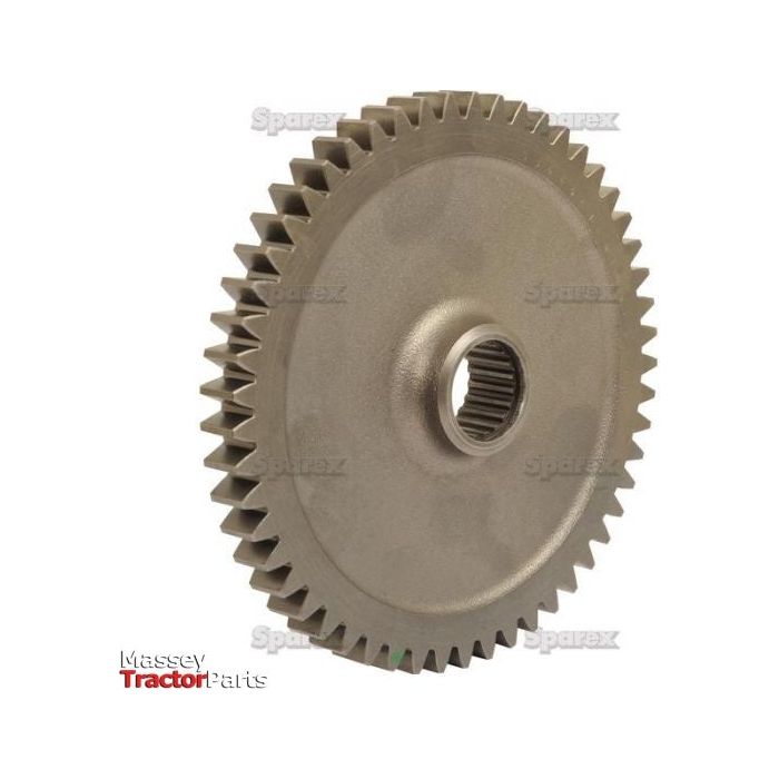 A transmission gear with evenly spaced teeth and a central hole, suitable for machinery use. The image features the "Spares" and "Massey Tractor Parts" logos in the background, indicating compatibility with models such as Challenger MT434 or Massey Ferguson. This product is supplied by Sparex, bearing the part number S.107352.