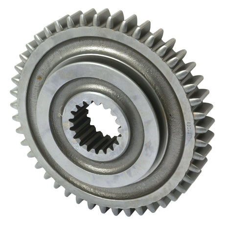 The Transmission Gear (Sparex Part No. S.40749), manufactured by Sparex, is a metallic component featuring a central cogwheel with numerous teeth around its circumference. It is compatible with Massey Ferguson tractors and appears clean and well-machined.