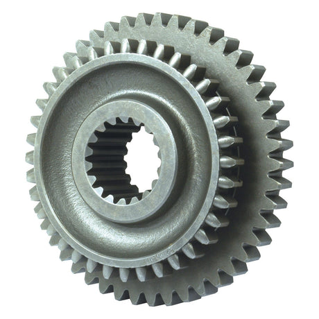 Close-up of two interlocking metal gears, one larger than the other, used in Massey Ferguson machinery. The gears have a matte silver finish and visible teeth for mechanical operation. Count the number of teeth to ensure compatibility with Sparex Transmission Gear (Sparex Part No.S.40752).