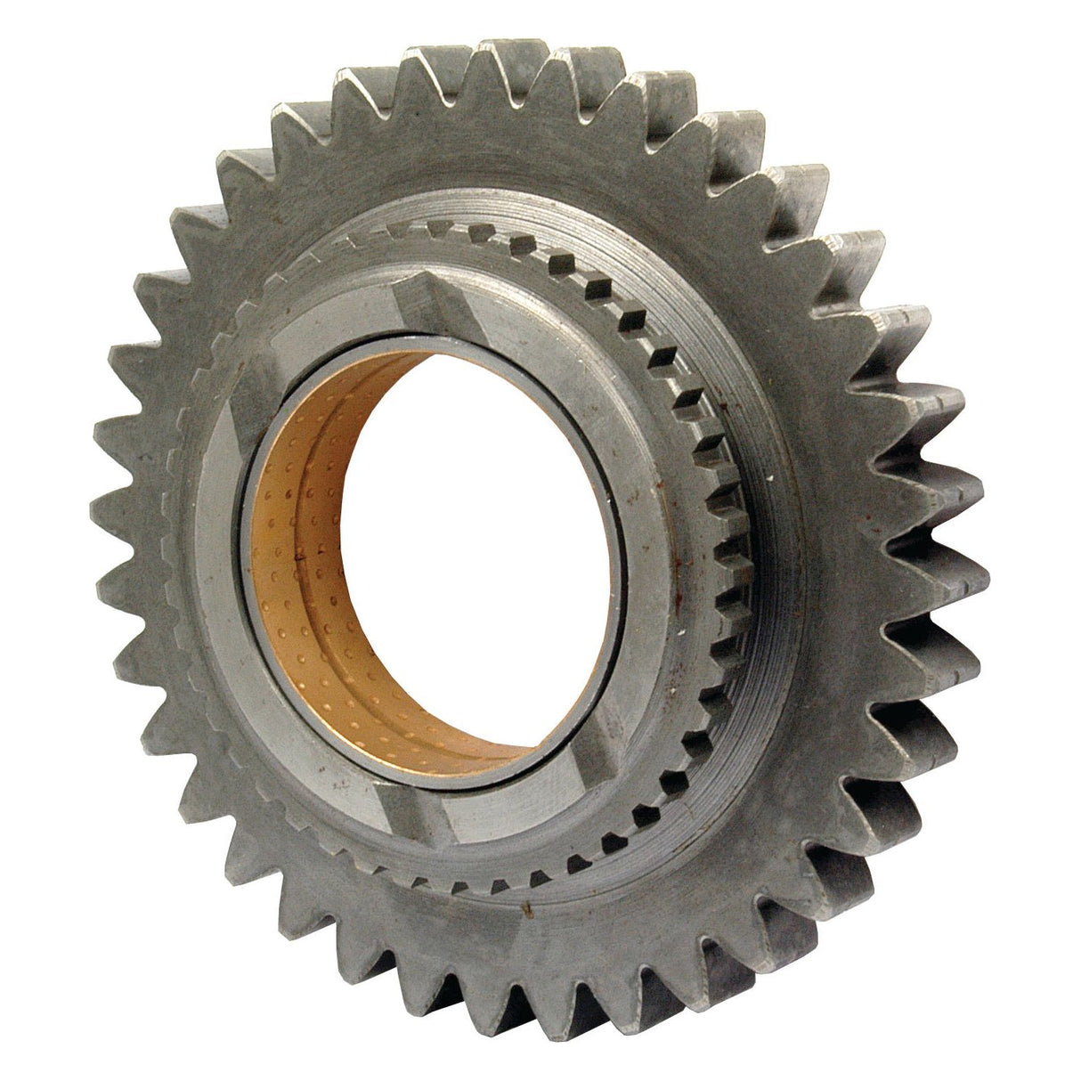 Close-up of a metallic gear with interlocking teeth and a central hole, likely used in machinery for transmitting torque, possibly compatible with Massey Ferguson models. Specifically, this is the Transmission Gear from Sparex (Part No. S.42153).