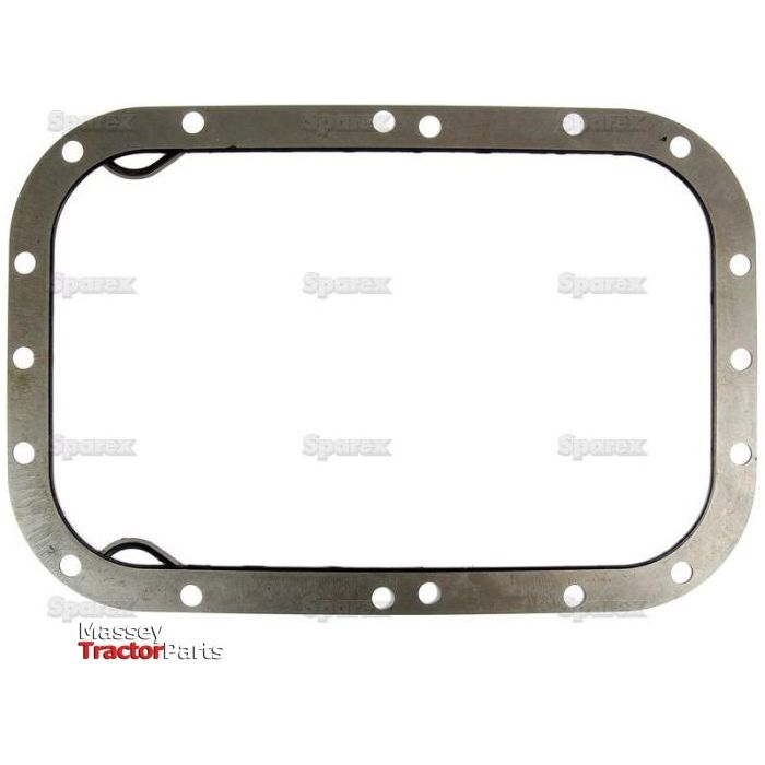 A rectangular metal gasket with multiple boltholes around its perimeter, labeled "Sparex" and "Massey Tractors Parts," designed as a Transmission Housing Gasket for Massey Ferguson.