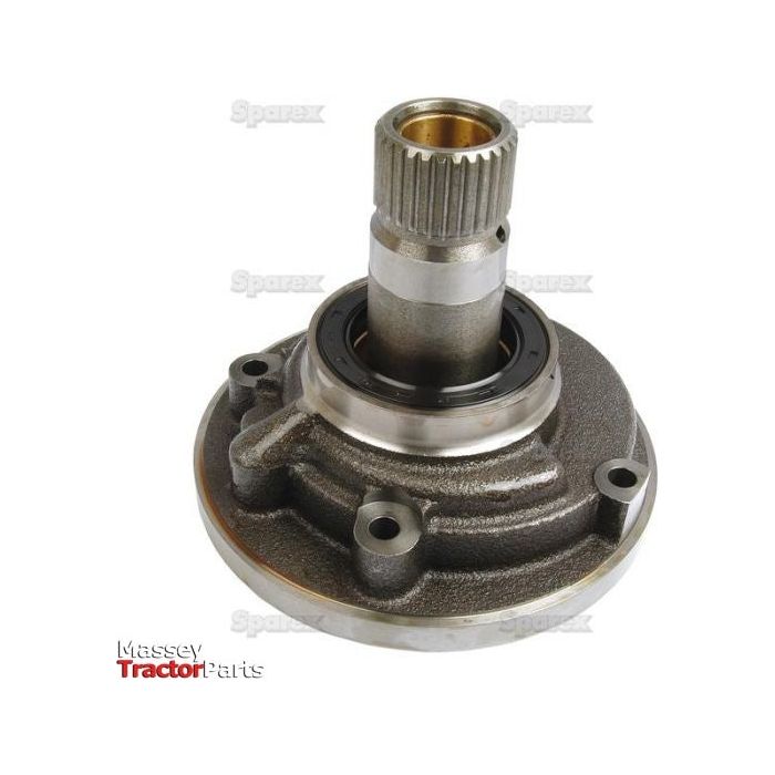 A metallic tractor part with a central cylindrical component, specifically a Transmission Oil Pump, marked with "Sparex," potentially used in a Massey Ferguson, bearing the Sparex Part No.S.41613.