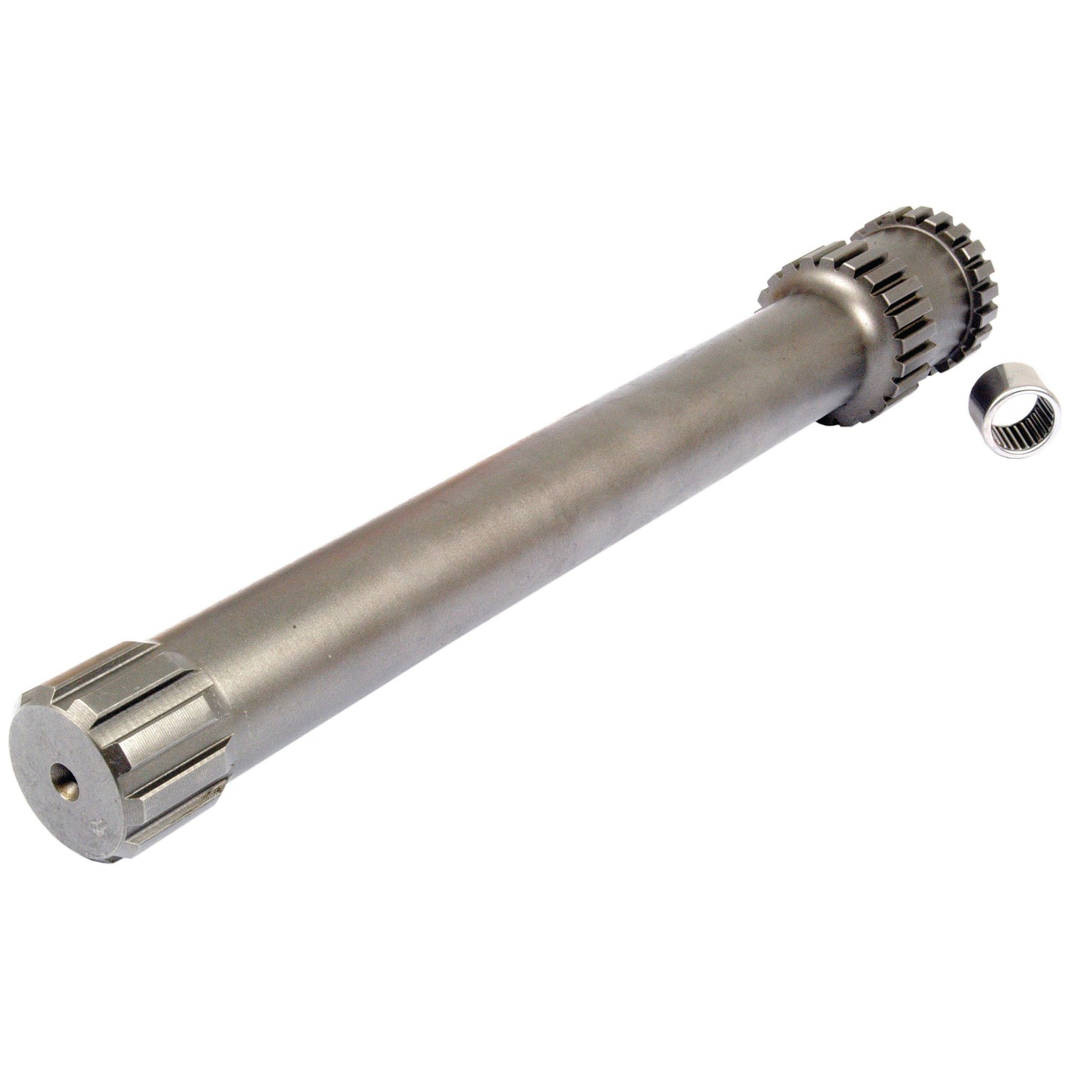 A cylindrical metal shaft with gears at both ends and an accompanying small cylindrical attachment, compatible with Massey Ferguson machinery, is offered as the Transmission Shaft Assembly by Sparex (Part No. S.41580).