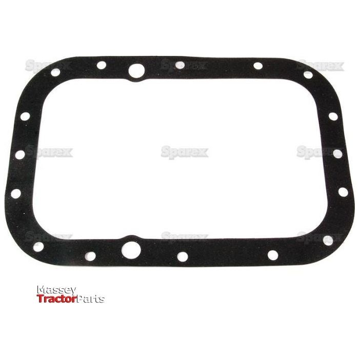 Rectangular black gasket with multiple bolt holes, designed for Transmission to Rear Axle Housing, and a logo reading "Massey Tractor Parts" in the bottom left corner. Perfect for Massey Ferguson models. Known as Sparex Part No.S.40814 from the brand Sparex.