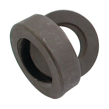 Two gray Trunion Bearings, resembling interlocking rings and reminiscent of a Radial Spherical Plain Bearing, made from a solid material and displayed against a plain white background.