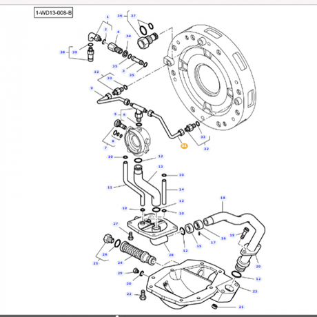 A detailed technical diagram of a mechanical assembly for the Massey Ferguson - Tube - 3791599M92 from AGCO, featuring numbered parts such as connectors, screws, pipes, and a circular component. The parts list on the left correlates with the numbers in the diagram. This assembly is compatible with Massey Ferguson models from the 6000 Series.