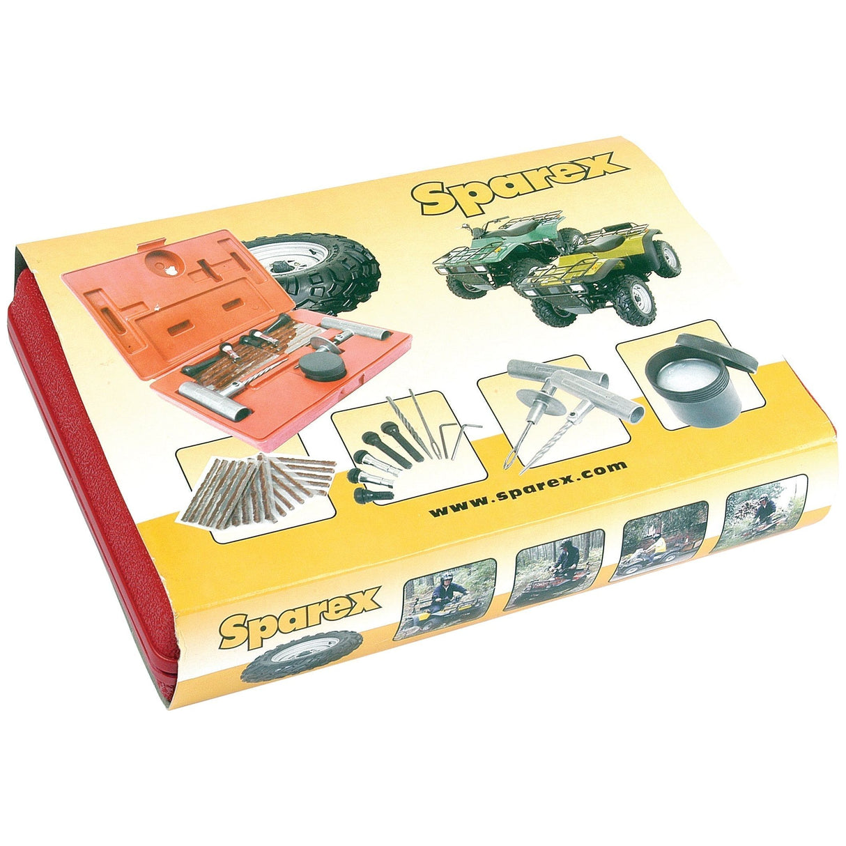 The Sparex Tubeless Tyre Repair Kit (42 pcs.), Sparex Part No. S.23526, is a comprehensive solution for ATV tire repairs. It features a vibrant red case filled with various tools and accessories designed specifically for puncture repair of tubeless tyres, including essential tire repair equipment and tape. Displayed on a cardboard backing adorned with product images and branding, this kit is an ideal choice for off-road vehicles.