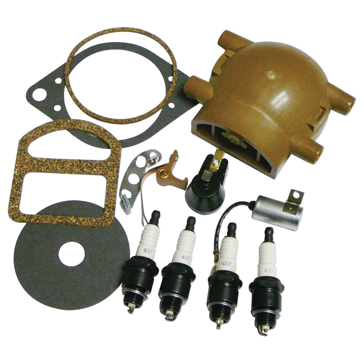 Ignition Kit (Sparex Part No.S.67876) by Sparex, featuring a distributor cap, gaskets, spark plugs, and additional small components arranged on a white background—ideal for Ford or New Holland vehicles.