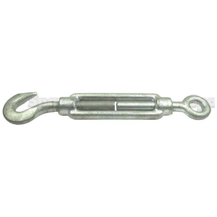 The Sparex Turnbuckle S.11082 features a hook on one end and an eye on the other, designed for robust and precise tensioning and adjustments of cables or ropes, with an M16 diameter.