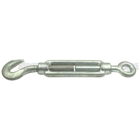 The Sparex Turnbuckle - Hook/Eye, with a diameter of M18 (S.21051), is a metal turnbuckle featuring one hook end and one eye end, designed for adjusting the tension in cables or ropes. It includes a clearly stated maximum load to ensure safe usage.