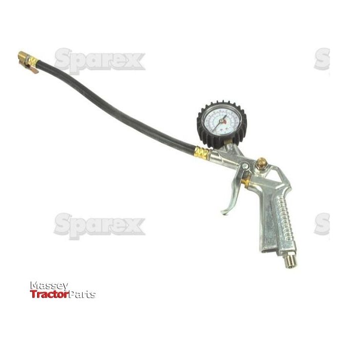 The Sparex Tyre Inflator and Pressure Gauge - S.14946 features a pressure gauge, flexible hose, and pistol grip trigger valve. It is ideal for ensuring accurate pressure measurement when inflating tires or other inflatables.
