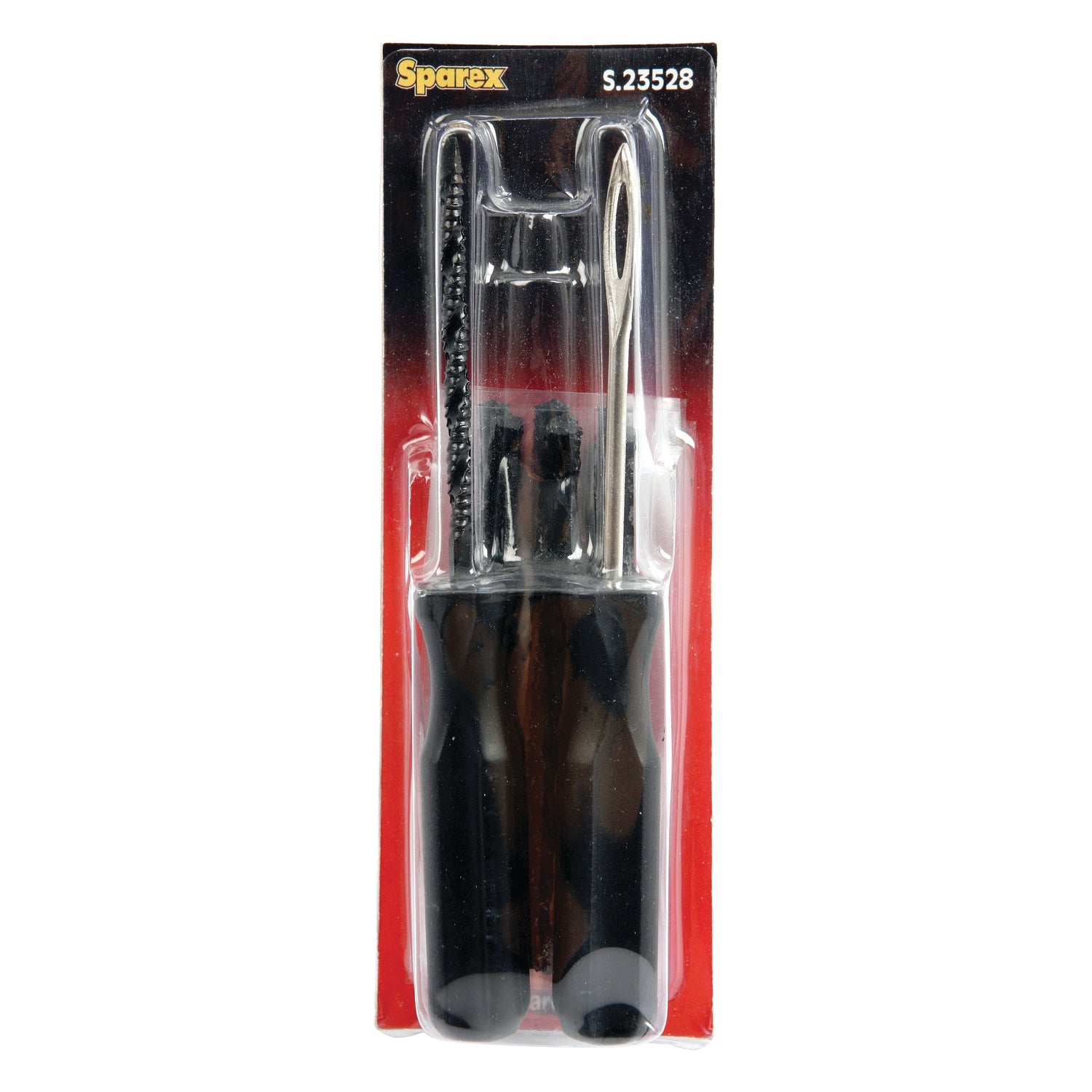 Close-up of a sealed package containing a Sparex Tyre Repair Kit - Seals and Needle (14 pcs.), Part No. S.23528. The set includes two handles, several thin tools, and essential seals and needle for efficient repairs.