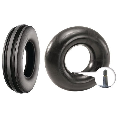 Two black rubber tire tubes from the Sparex Tyre & Tube Set, model 3.50 - 6, 4PR, TR13 (S.137612), are displayed: one on the left with stripes and another on the right with a circular shape. A magnified inset highlights the TR13 straight valve stem on the circular tube, showcasing detailed product specifications for those interested in manufacturing information.