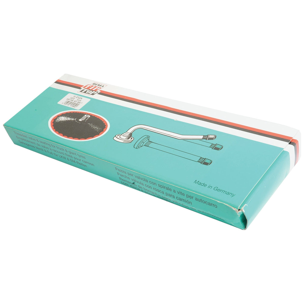 Box containing a Truck Tyre Valve Patch VG8 set (Michelin design) with multilingual text, including an Ø80mm rubber foot, packaged under the Sparex brand (10 pcs.).